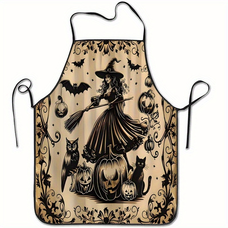 Kitchen Witch Baking - 1 Stück Hexenbesen-Kürbisse, Halloween-Themen-Polyester-Schürze, ärmellos, leicht,